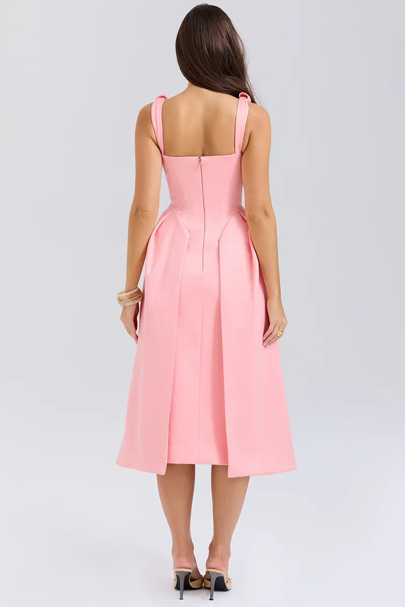 Robe Weitese trapèze/princesse simple, décolleté en V profond, taille cintrée, satin, mi-longue, robe de bal rose